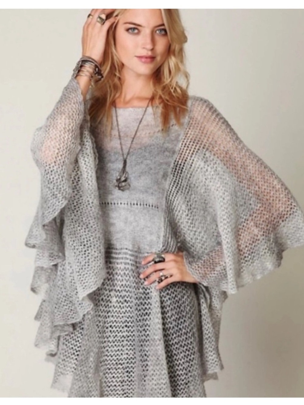 Free People Mohair Wool Blend Gray Ombré Sweater Poncho Cape - Size L
